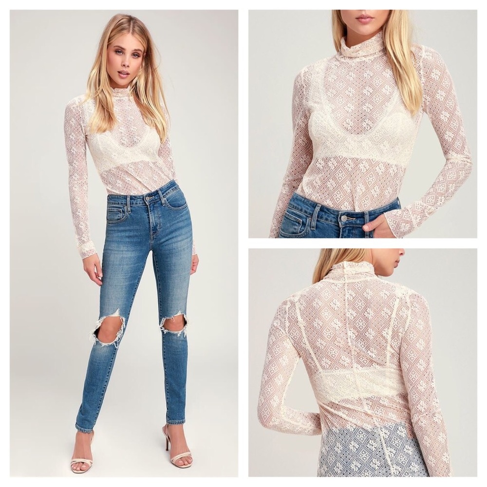 FREE PEOPLE Lace Turtleneck Top, Beige, Size Small